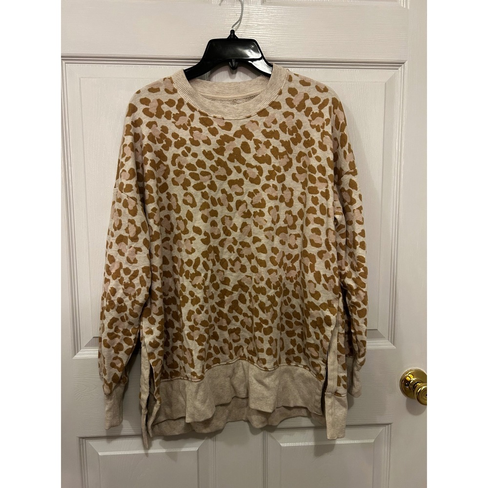 Aerie Womens Leopard Print Oversized Crewneck Sweatshirt Tan Cream Medium